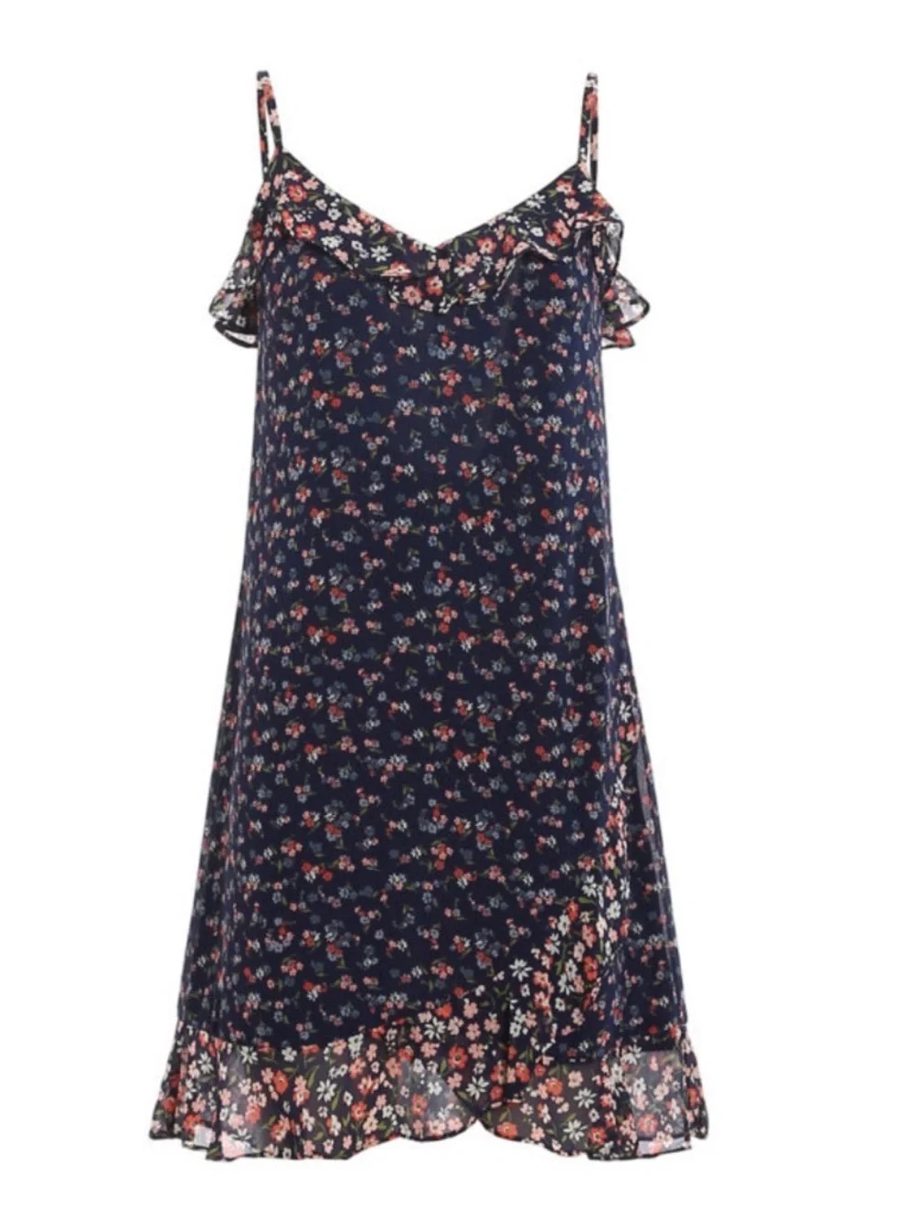 Michael Kors Navy‎ Floral Georgette Slip Dress with Ruffle Trim Size Small